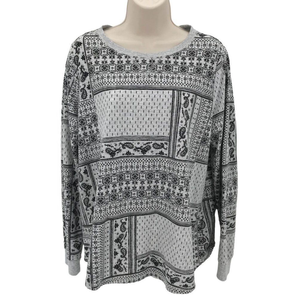 Sonoma Womens Gray Black Paisley Print Long Sleeve Lightweight Sweatshirt Sz L